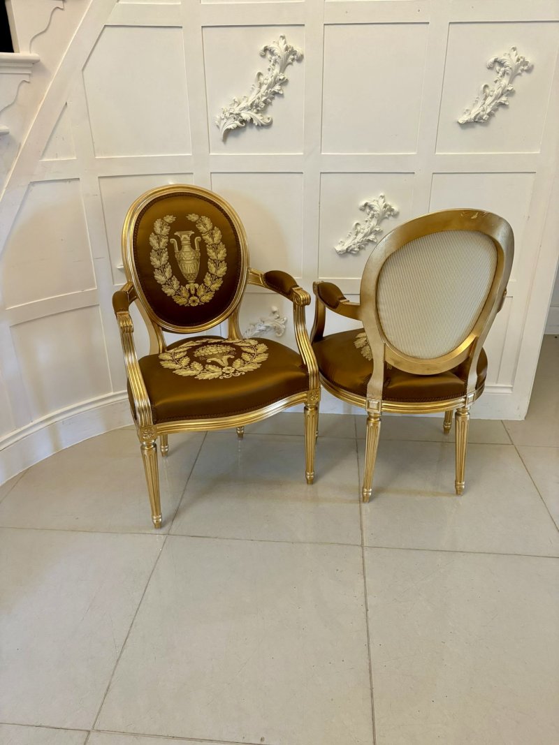 Large Rare Suite of 42 Matching Louis XVI Style Giltwood Dining Chairs with Silk Damask Upholstery - Image 26